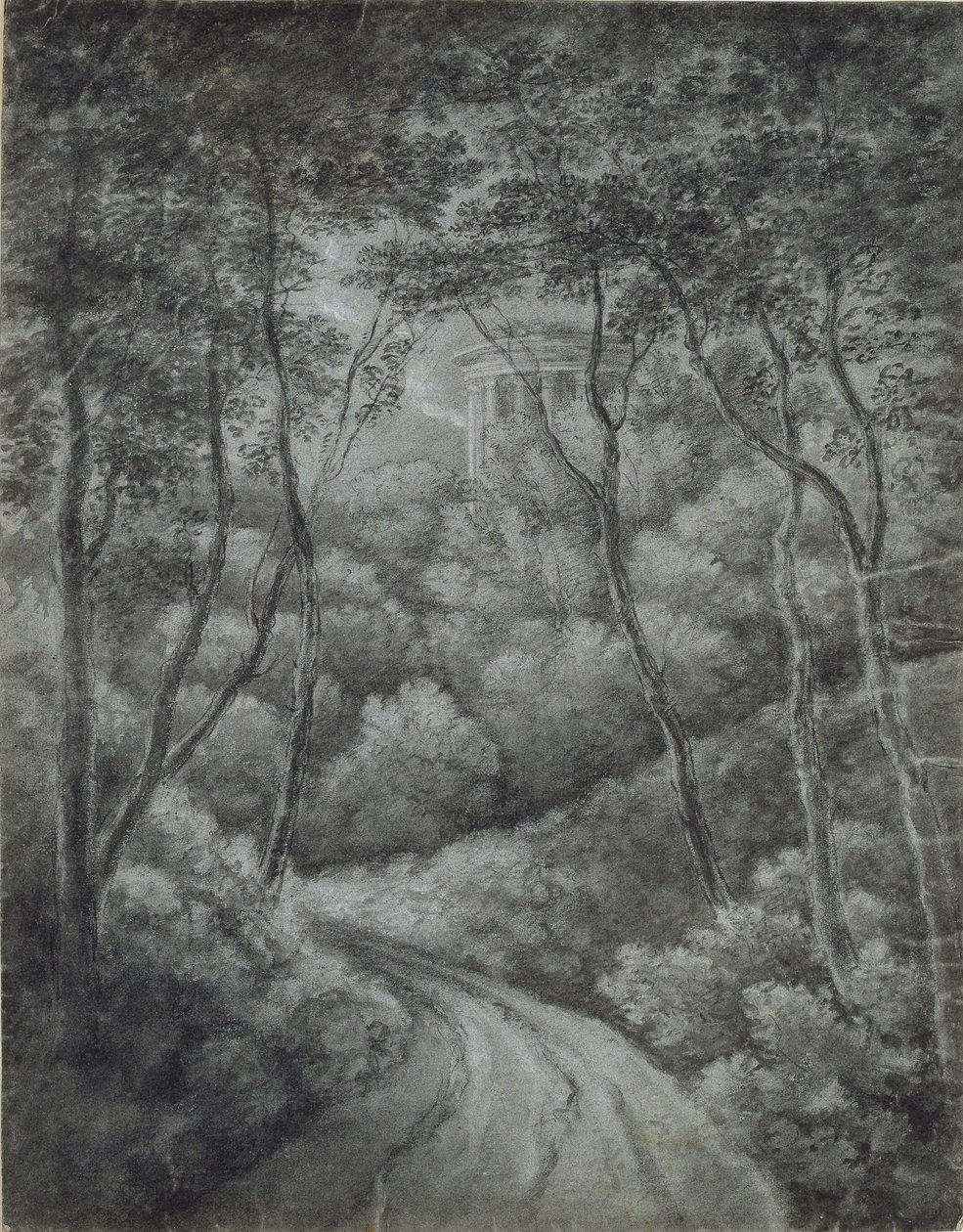 Paesaggio con un sentiero attraverso una foresta e un tempio classico da John Baptist Malchair