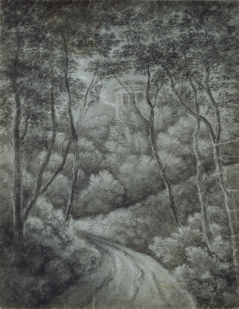 Paesaggio con un sentiero attraverso una foresta e un tempio classico, fine XVIII secolo da John Baptist Malchair