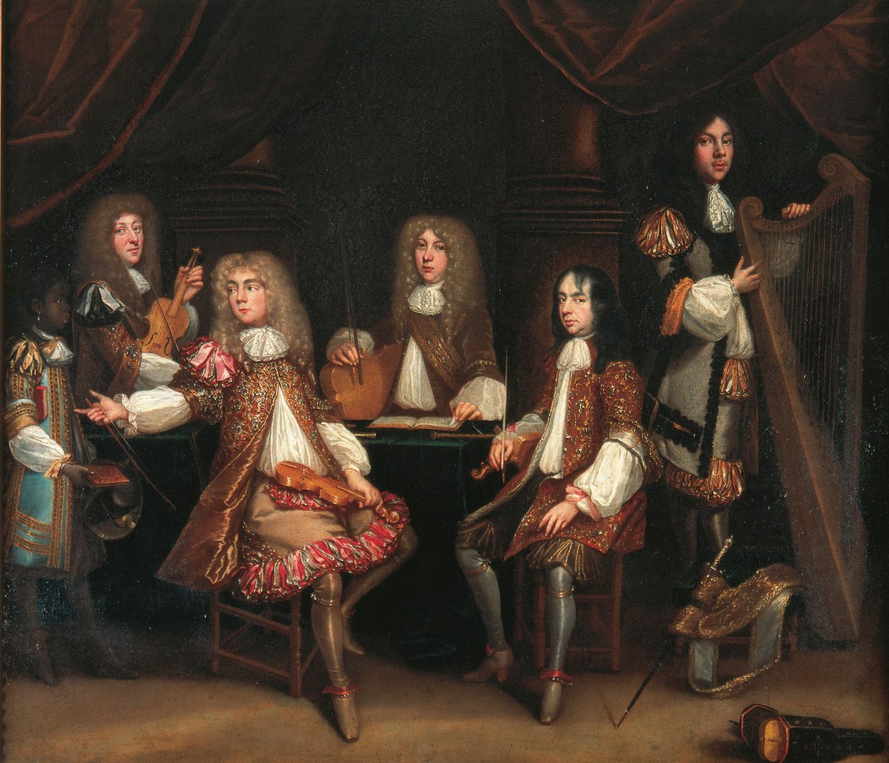 La camera da letto cremisi, gruppo di gentiluomini con strumenti musicali, tradizionalmente detto raffigurare il Ministero Cabal di Re Carlo II da John Baptist de Medina