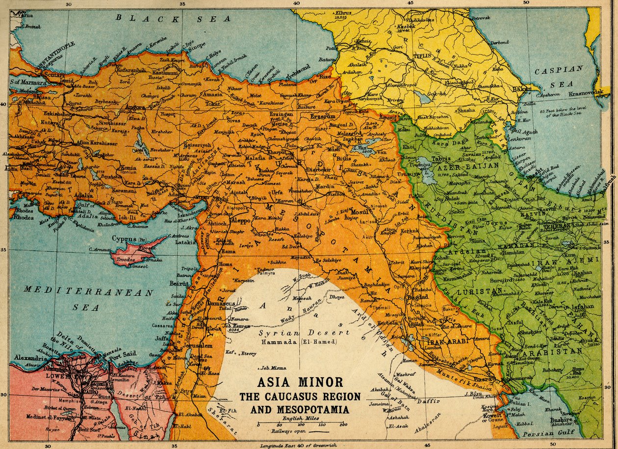 Asia Minore, la regione del Caucaso e la Mesopotamia, Prima Guerra Mondiale da John Bartholomew and Son