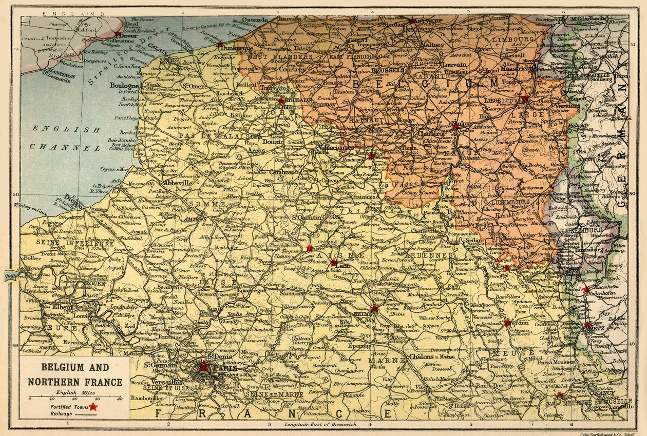Mappa del Belgio e della Francia settentrionale da John Bartholomew and Son
