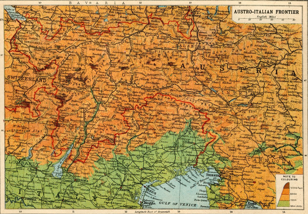 Mappa del confine austro-italiano, Prima Guerra Mondiale da John Bartholomew and Son