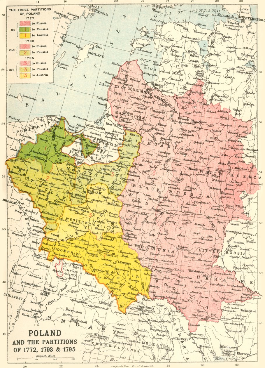 Polonia e le Partizioni del 1772, 1793 e 1795, c1920 da John Bartholomew and Son