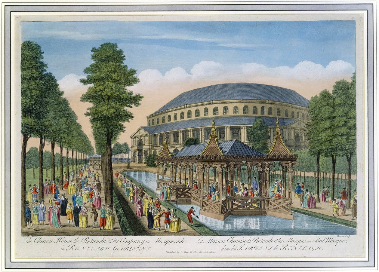 La casa cinese, la Rotonda e la compagnia in maschera nei giardini di Ranelagh (acquatinta colorata) da John Bowles
