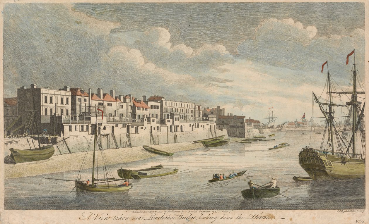 Veduta presa vicino al ponte di Limehouse, guardando verso valle sul Tamigi da John Boydell