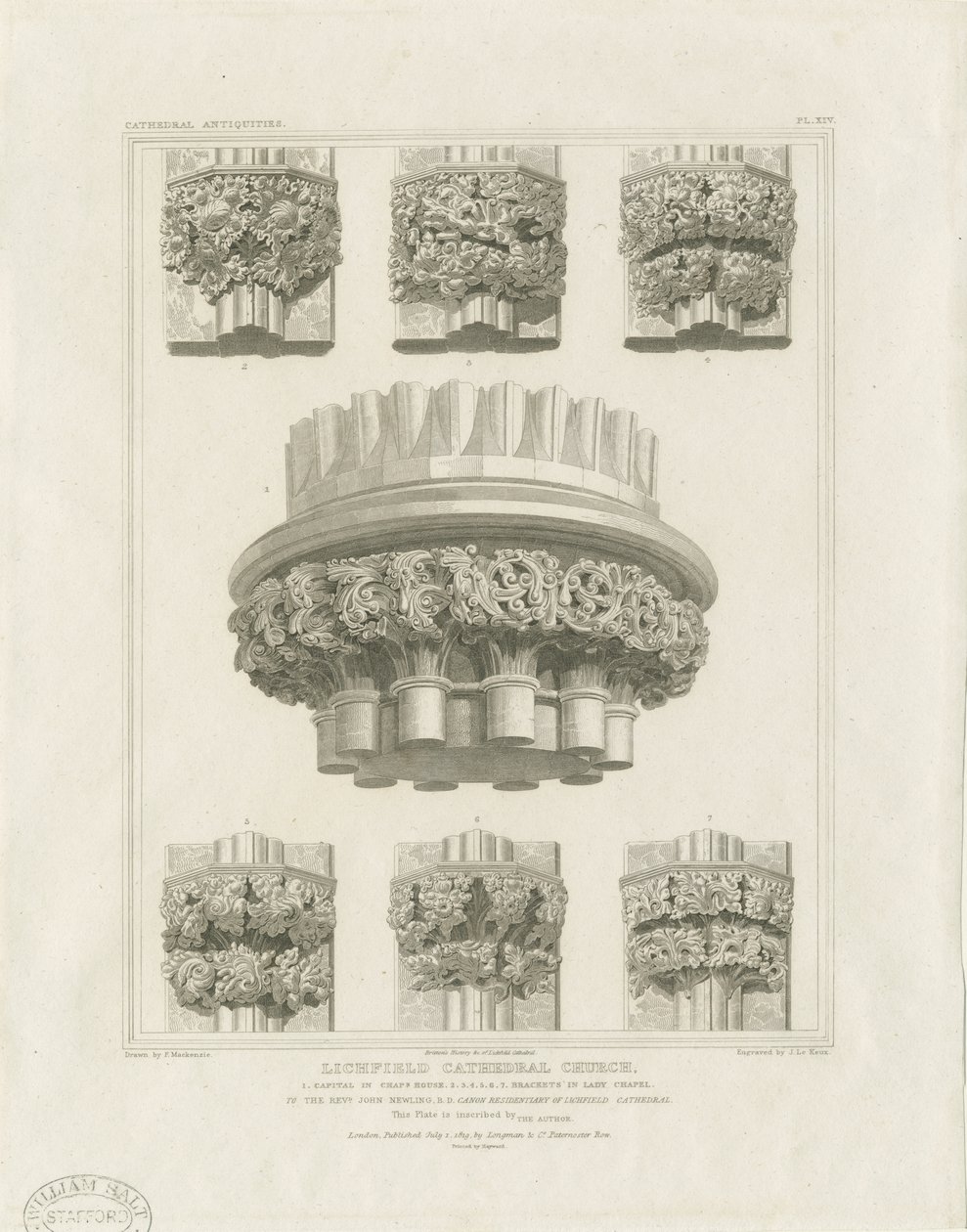 Interno della Cattedrale di Lichfield - Pilastro a grappolo nella Sala Capitolare e Staffe nella Cappella della Madonna: incisione, nd [c 1819] da John Britton