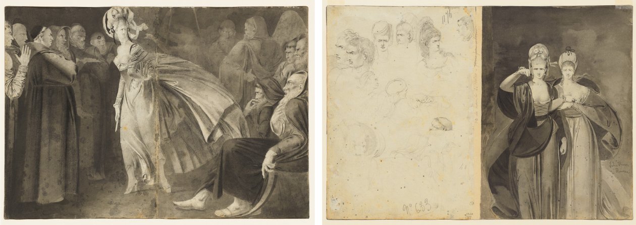 Donna in piedi tra i frati (recto) Schizzi di teste (verso, sinistra); Due donne (verso, destra) da John Brown