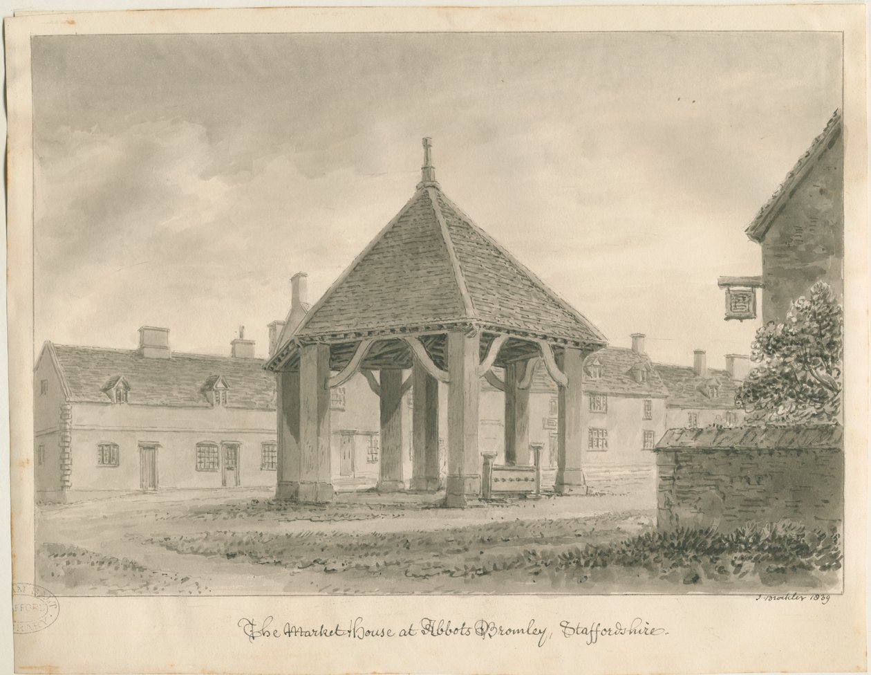 Abbots Bromley - Casa del Mercato e Stocks (disegno a seppia, 1839) da John Buckler