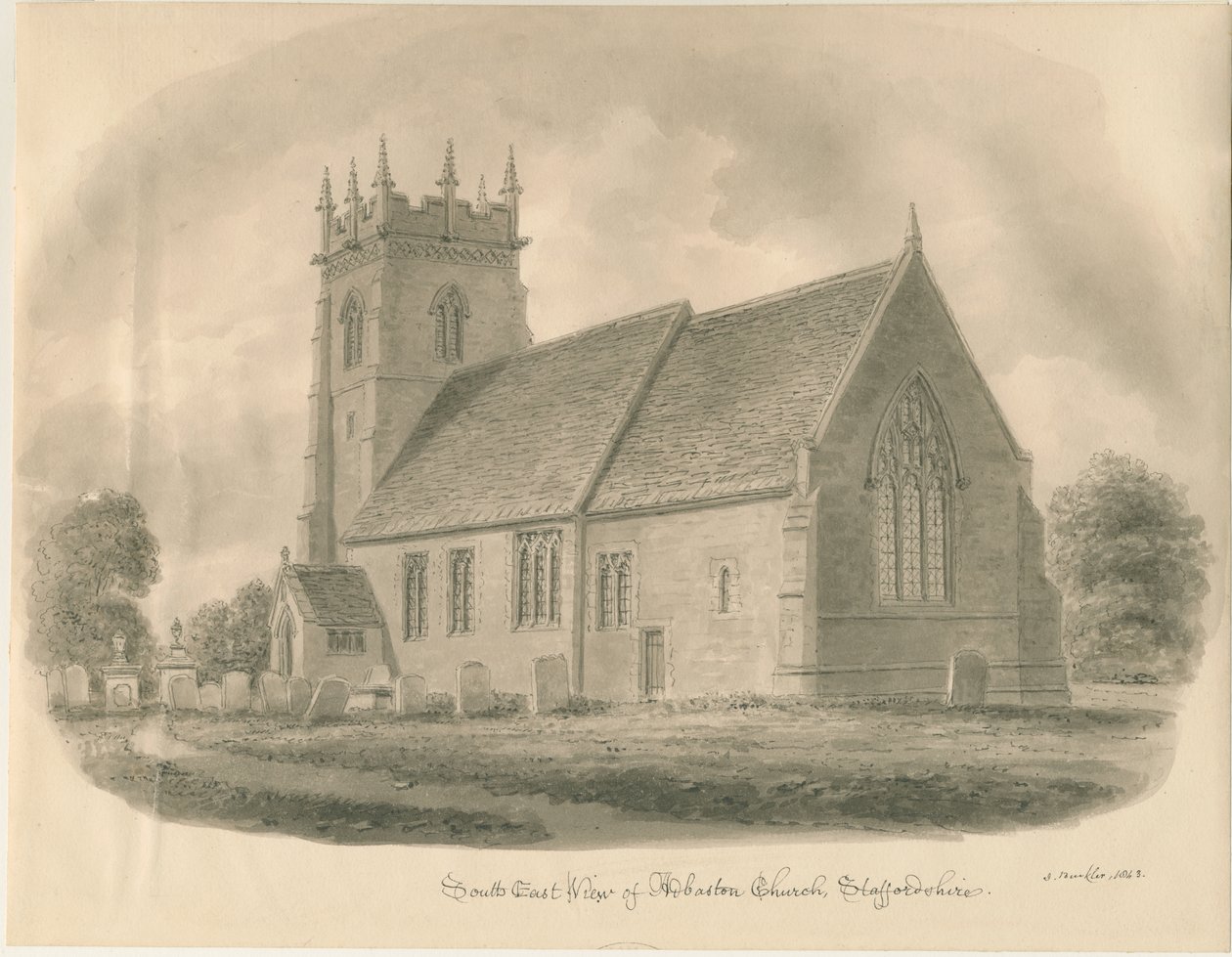 Chiesa di Adbaston: disegno a seppia, 1843 da John Buckler