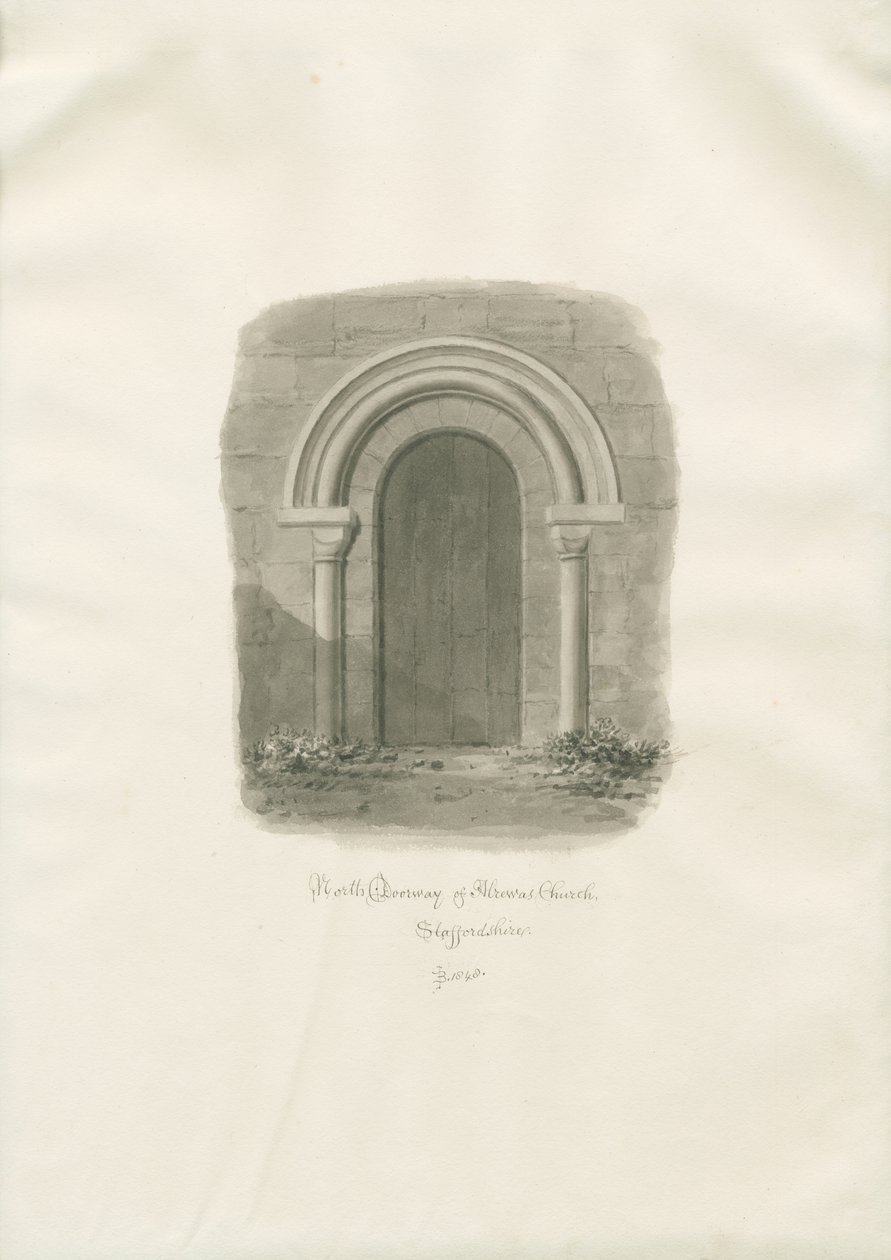 Chiesa di Alrewas - Porta Nord: disegno a seppia da John Buckler