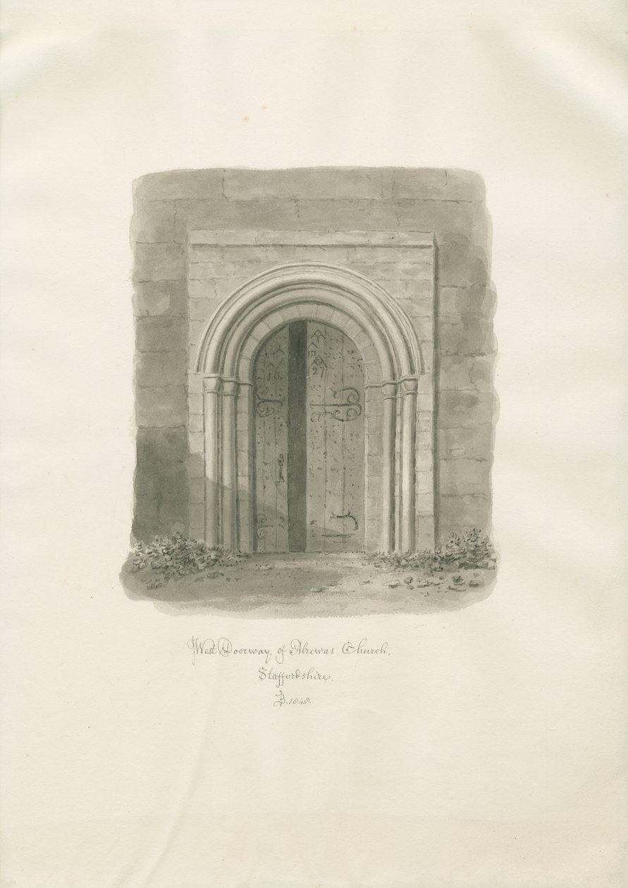 Chiesa di Alrewas - Portale Ovest (disegno a seppia) da John Buckler