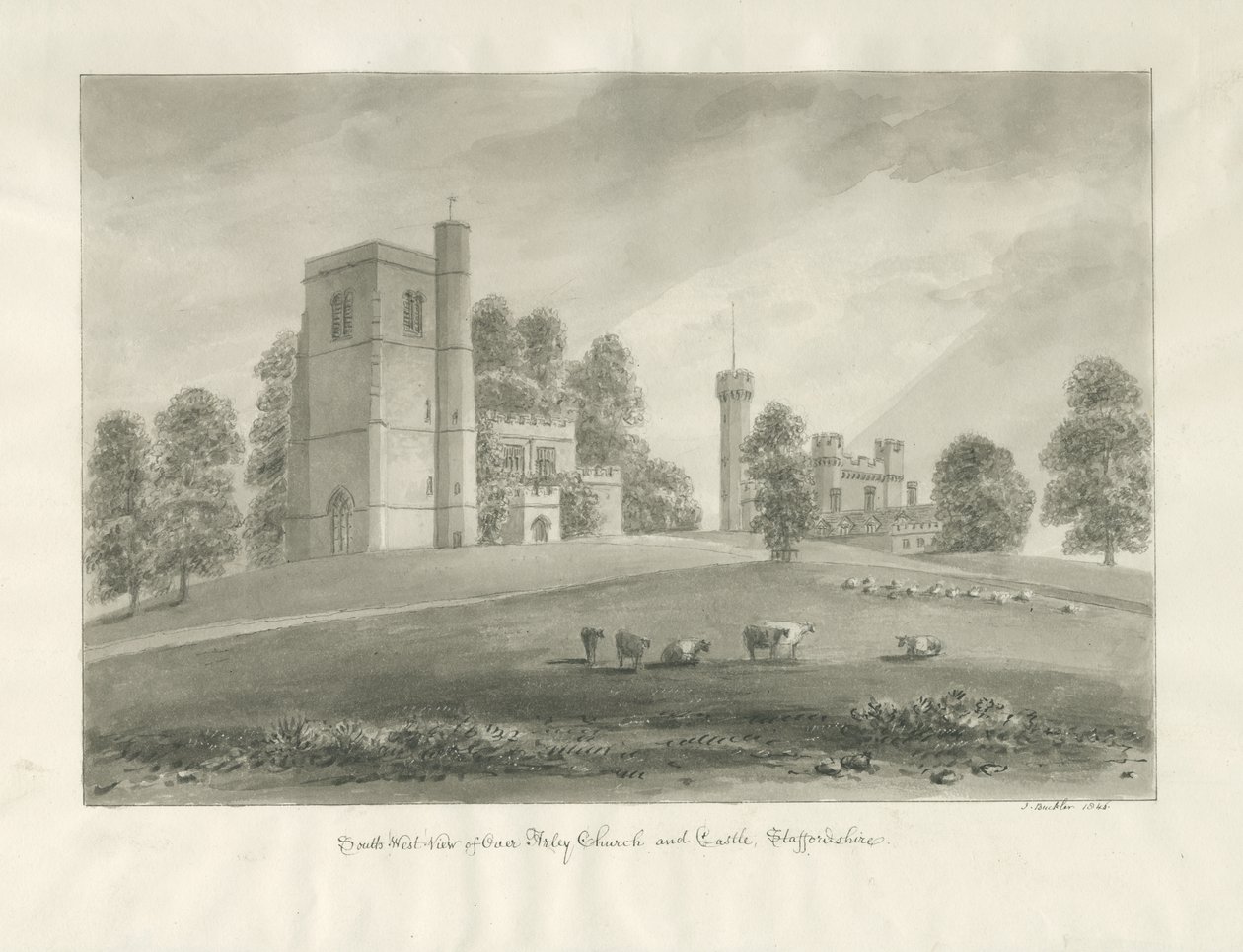 Chiesa e Castello di Arley: disegno a seppia da John Buckler