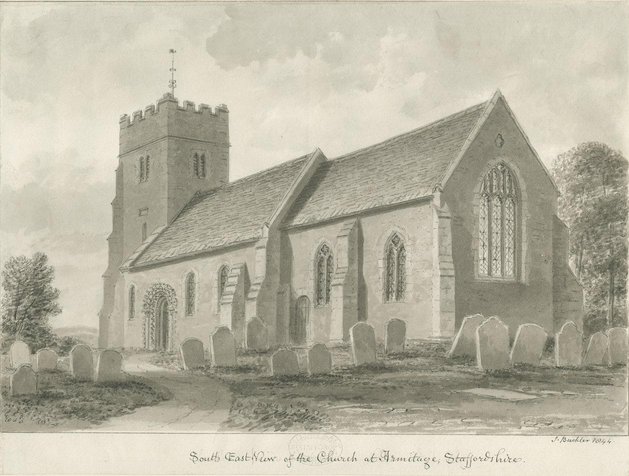 Chiesa di Armitage (disegno a seppia, 1844) da John Buckler