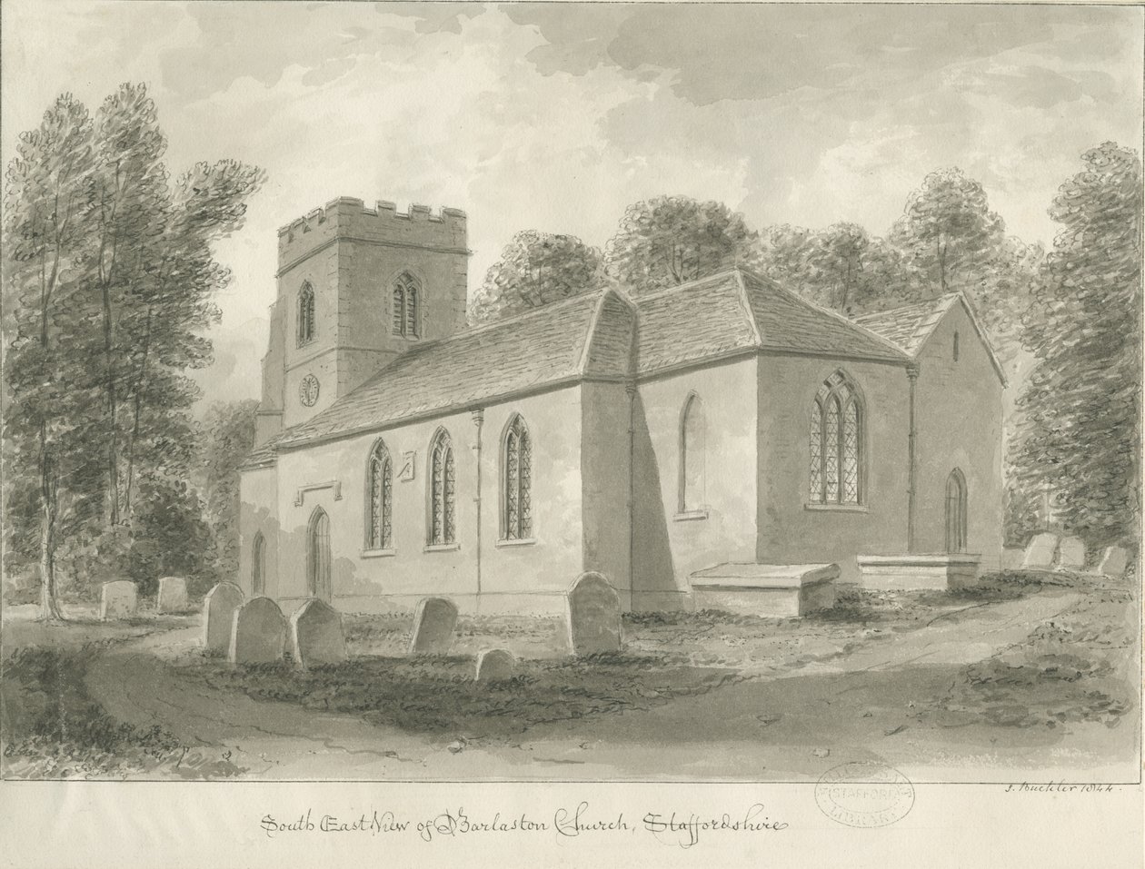 Chiesa di Barlaston: disegno a seppia, 1844 da John Buckler