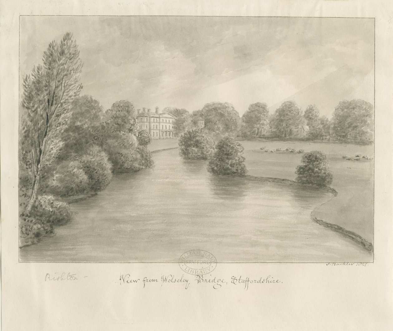 Bishton Hall: disegno a seppia, 1841 da John Buckler
