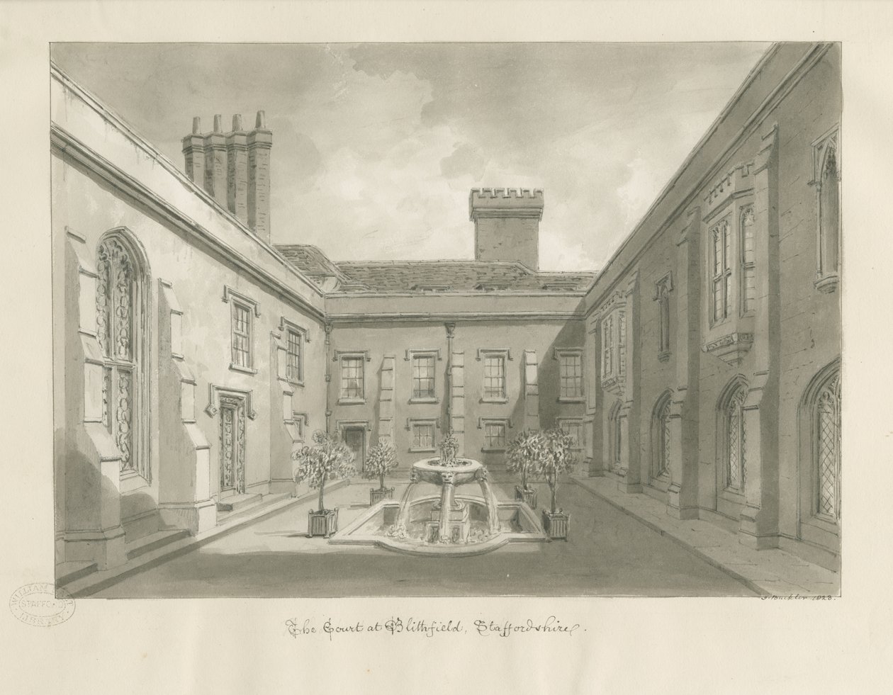 Blithfield Hall - Cortile: disegno a seppia da John Buckler