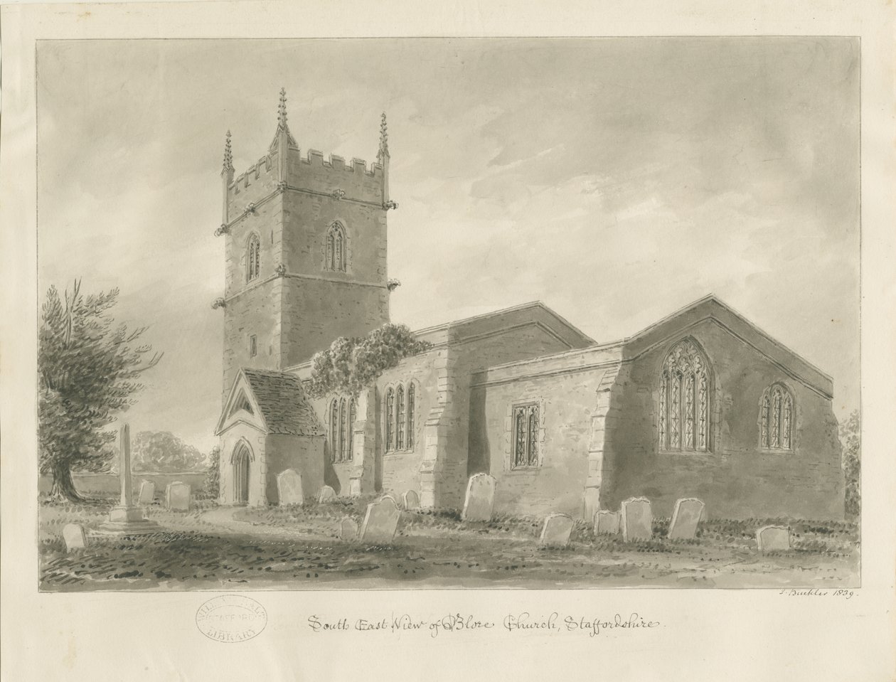 Chiesa di Blore: disegno a seppia, 1839 da John Buckler