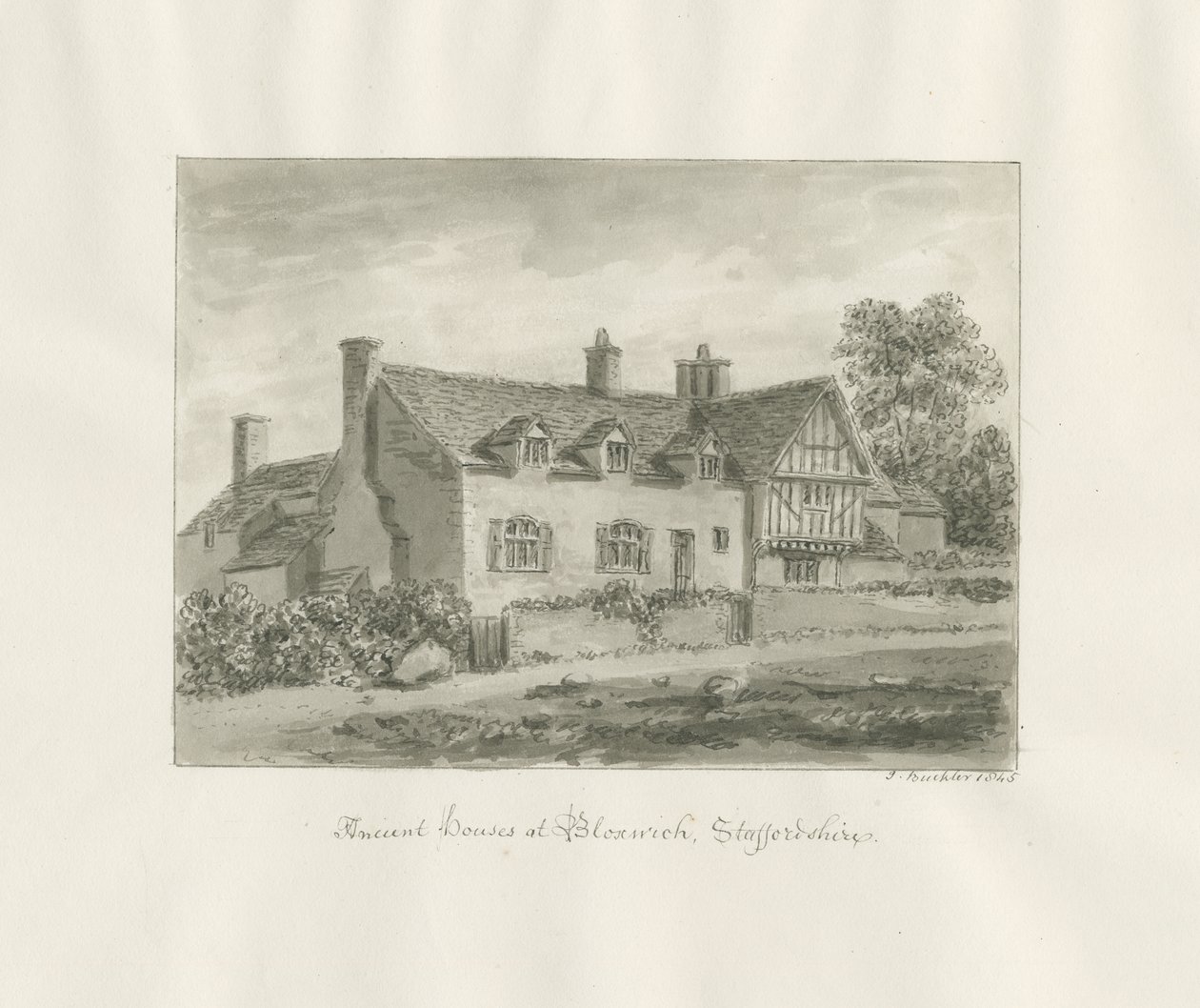 Bloxwich - antica casa: disegno a seppia da John Buckler