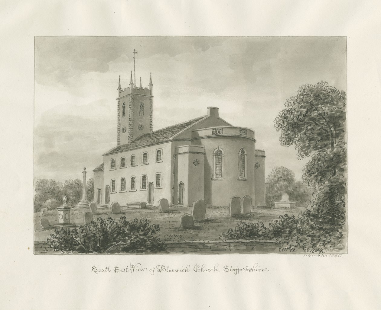 Chiesa di Bloxwich: disegno a seppia da John Buckler