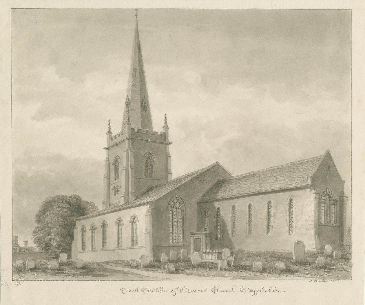Chiesa di Brewood: disegno a seppia da John Buckler