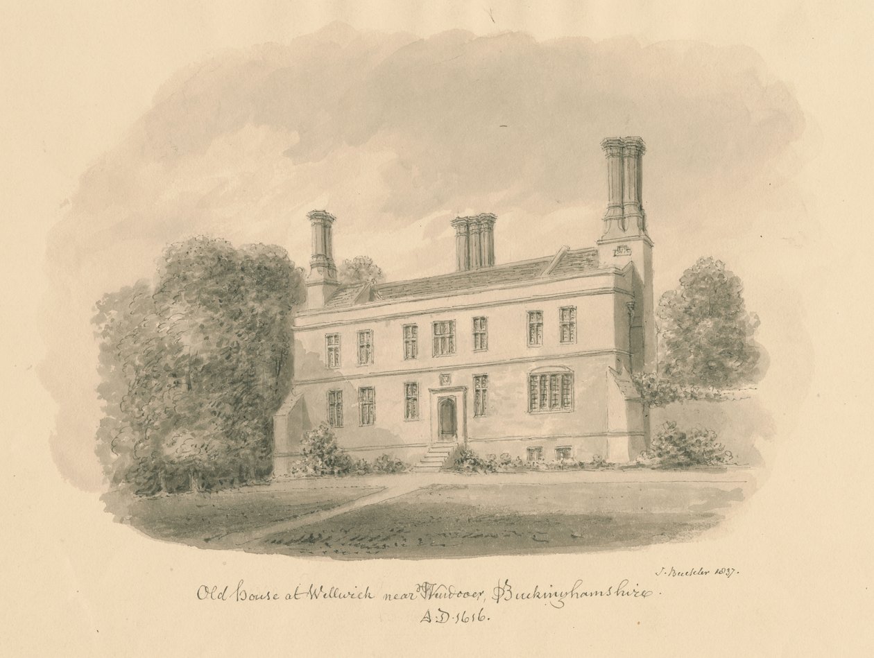 Buckinghamshire - Wellwick - Vecchia Casa: disegno a seppia vignettato, 1837 da John Buckler
