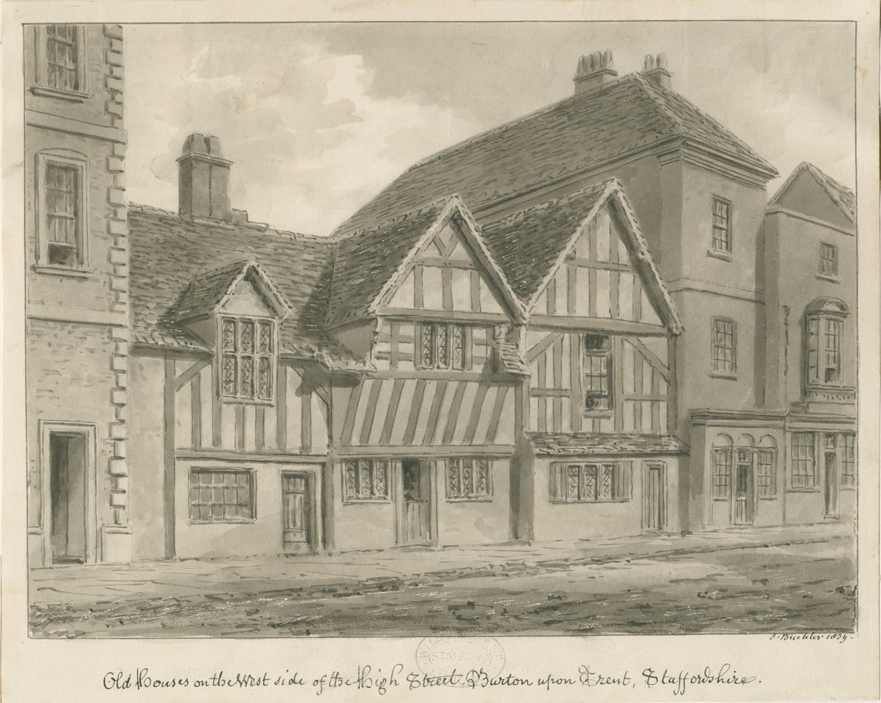 Burton-upon-Trent - Vecchie Case su High Street: disegno a seppia, 1839 da John Buckler