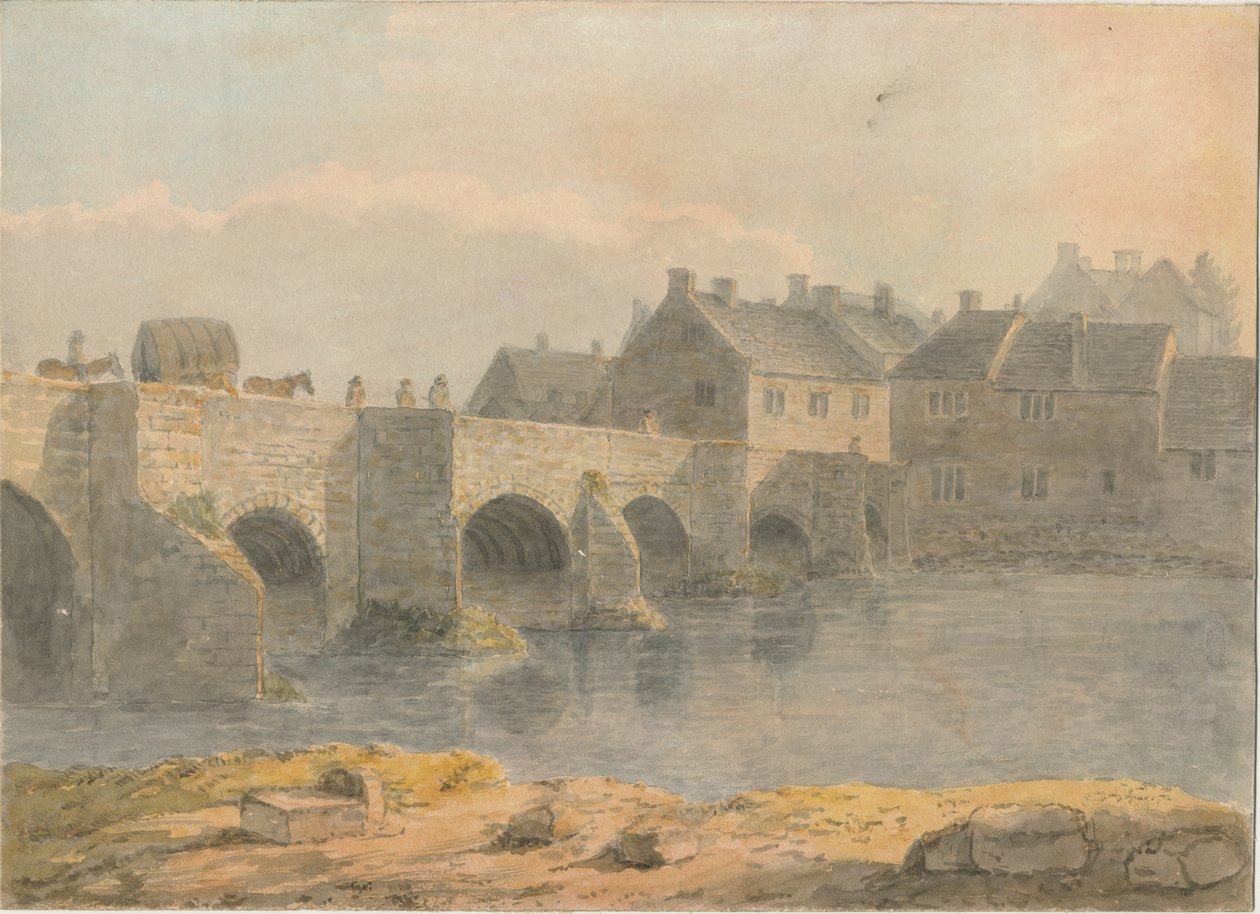 Ponte e città di Burton-upon-Trent: acquerello, nd [?XVIII secolo] da John Buckler