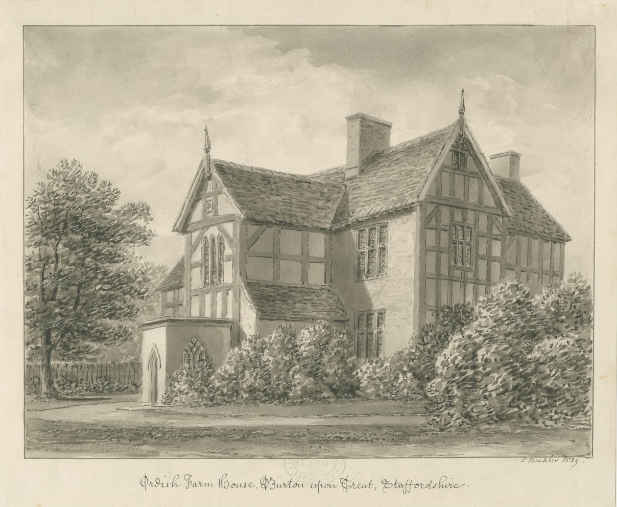 Burton-upon-Trent: Ordish Farm House: disegno a seppia, 1839 da John Buckler