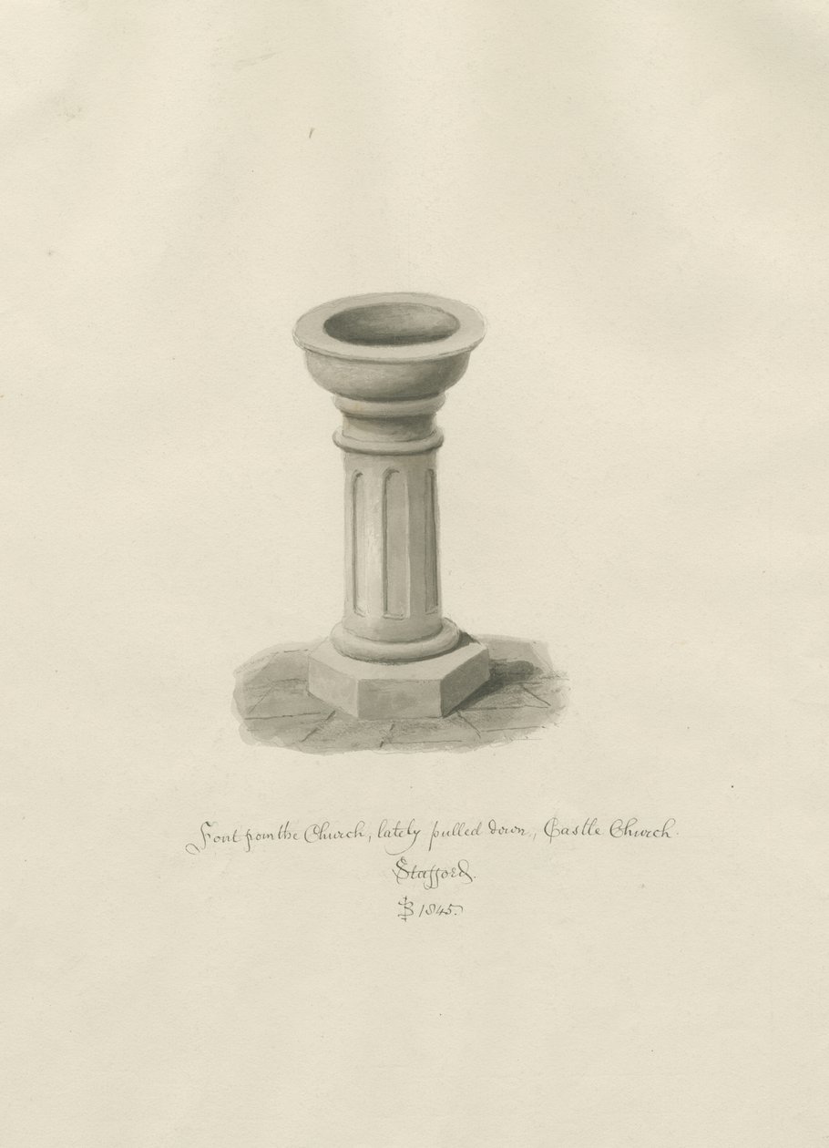 Chiesa del Castello - Fonte battesimale nella Chiesa: disegno a seppia da John Buckler