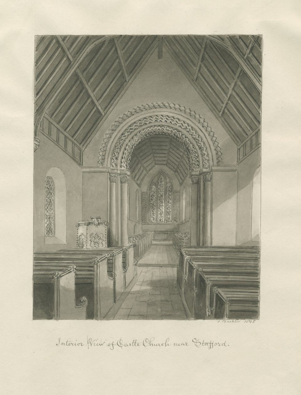 Chiesa del Castello - Interno della Chiesa: disegno a seppia da John Buckler