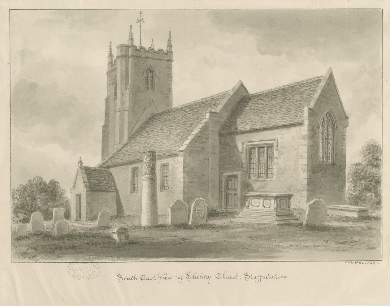 Chiesa di Chebsey: disegno a seppia da John Buckler