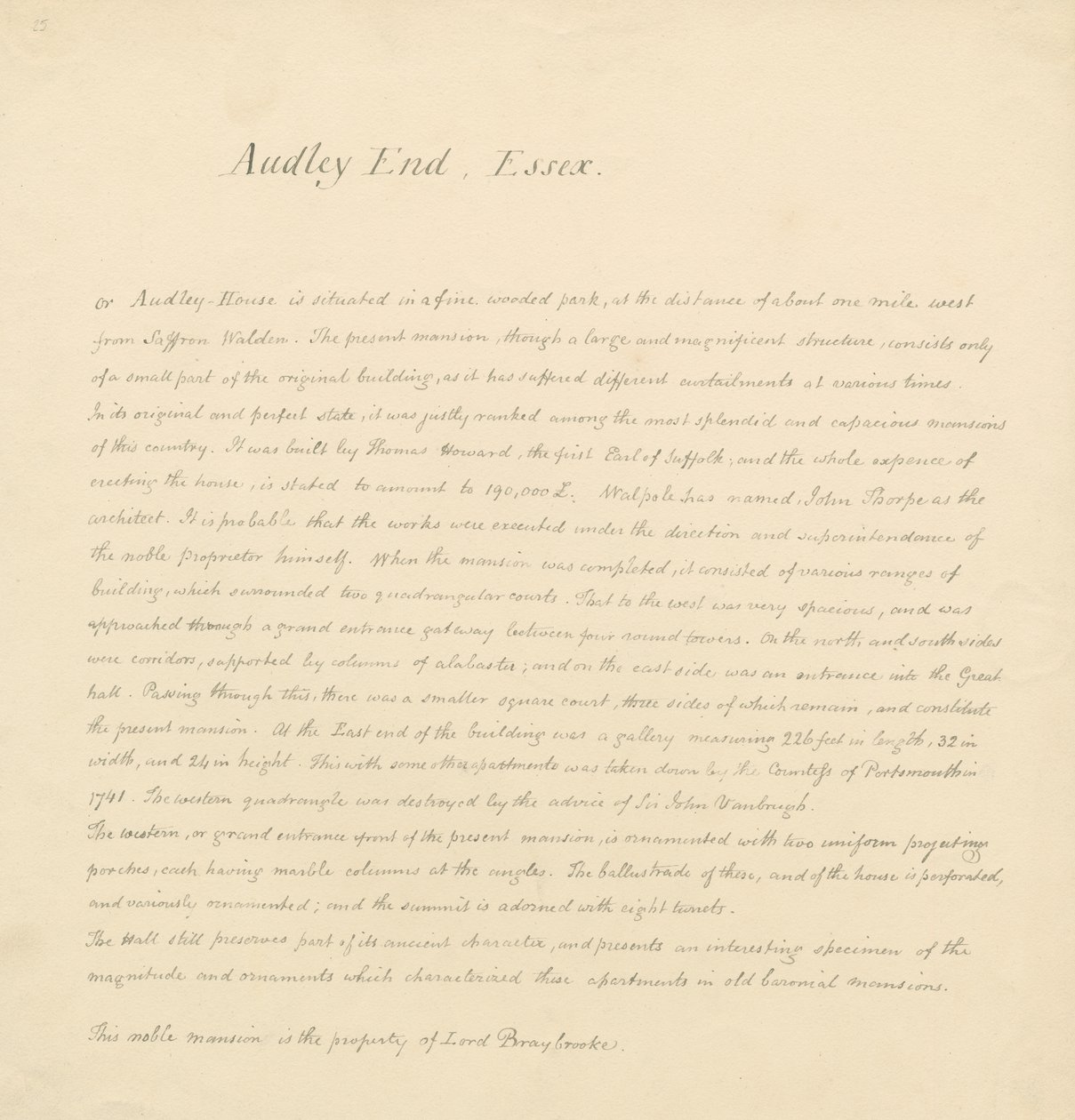Essex - Audley End - Descrizione storica da John Buckler