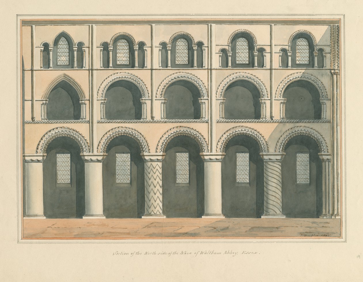 Essex - Abbazia di Waltham - Sezione del lato nord della navata da John Buckler