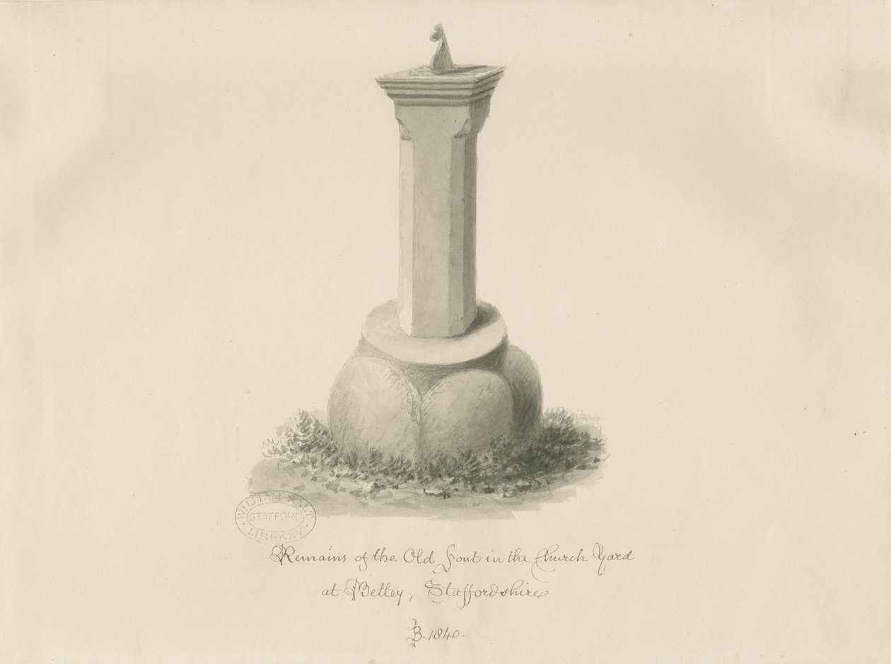 Fonte battesimale nella Chiesa di Betley: disegno a seppia da John Buckler