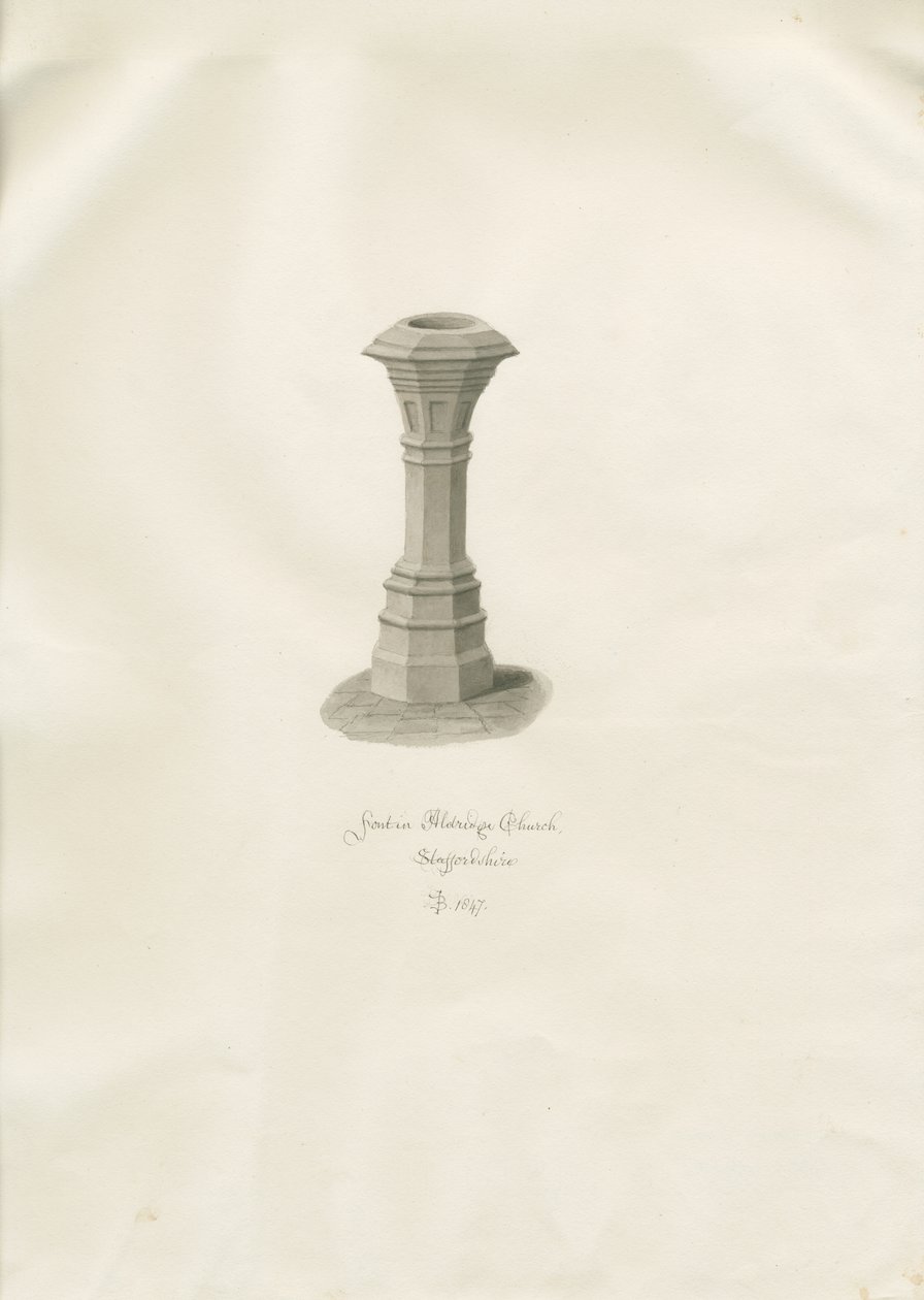 Fonte nella Chiesa di Aldridge: disegno a seppia da John Buckler