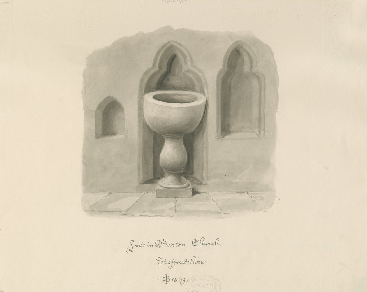 Fonte battesimale nella Chiesa di Barton under Needwood da John Buckler
