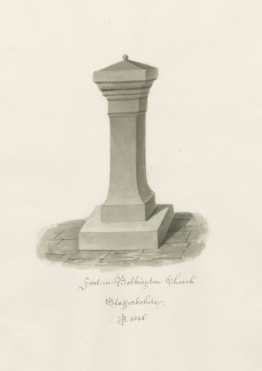 Fonte nella Chiesa di Bobbington: disegno a seppia da John Buckler