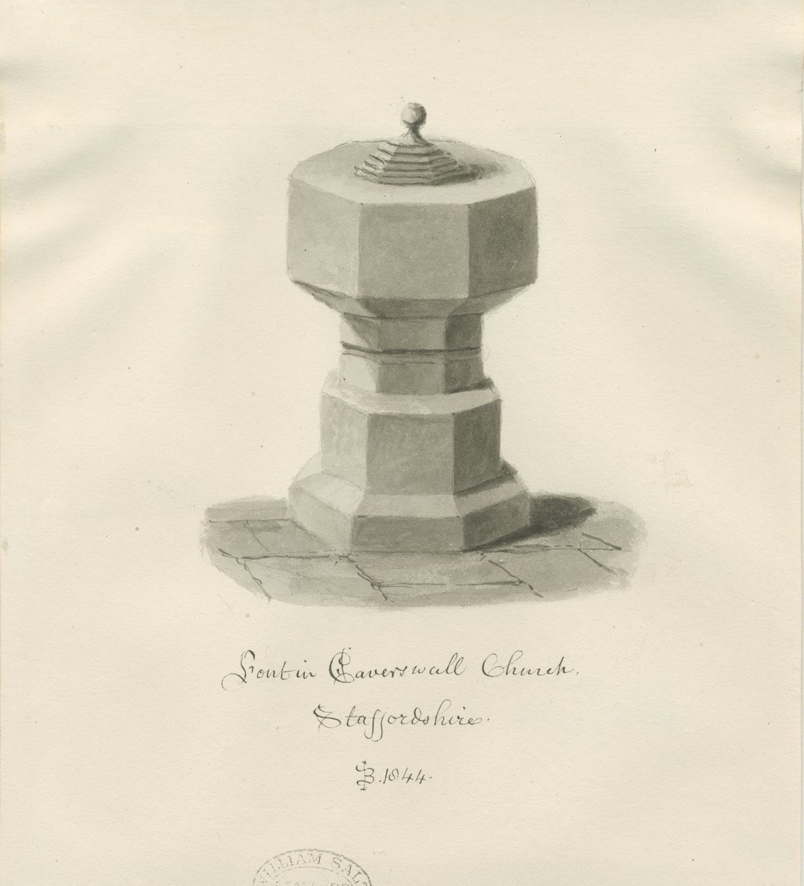 Fonte battesimale nella Chiesa di Caverswall: disegno a seppia da John Buckler