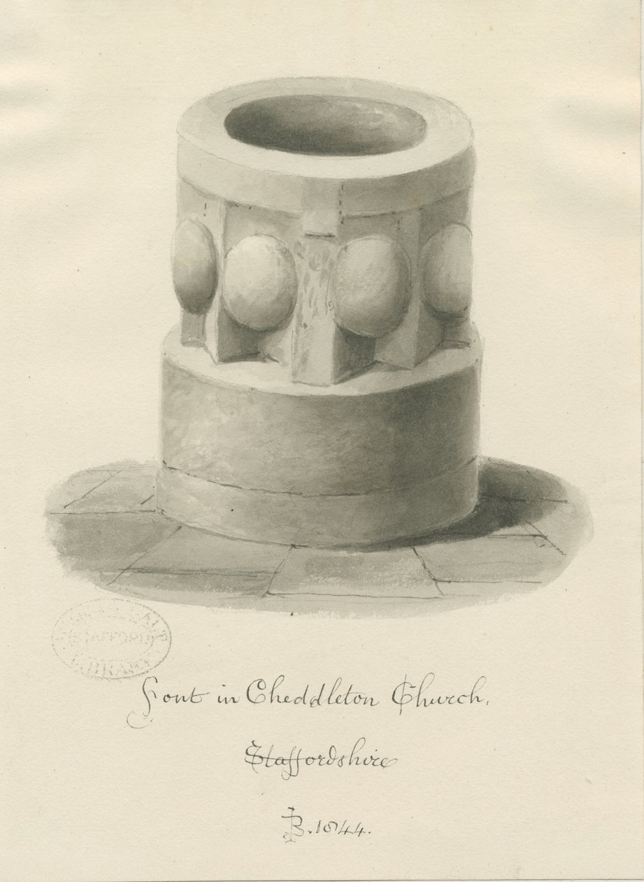 Fonte Battesimale nella Chiesa di Cheddleton (disegno a seppia, 1844) da John Buckler