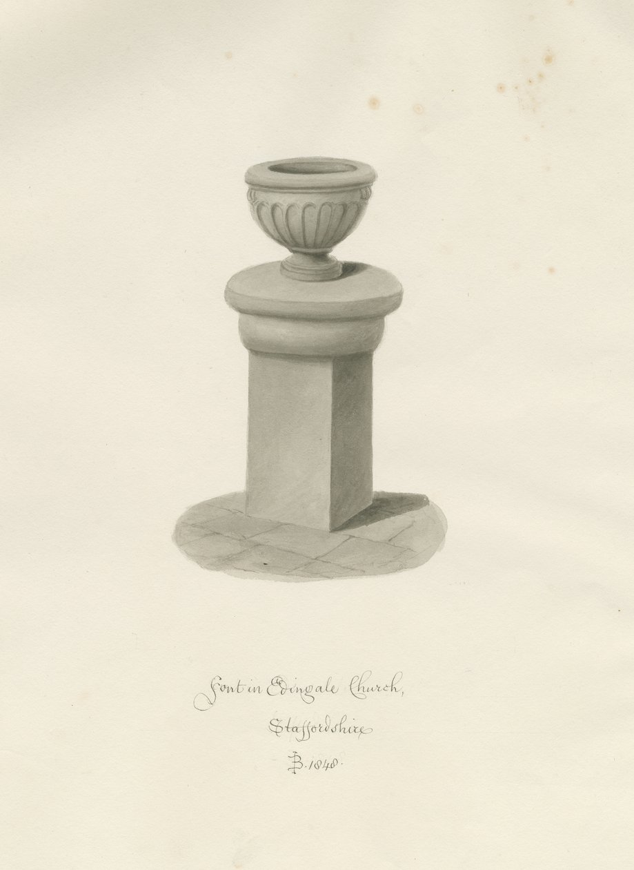 Fonte battesimale nella Chiesa di Edingale: disegno a seppia da John Buckler