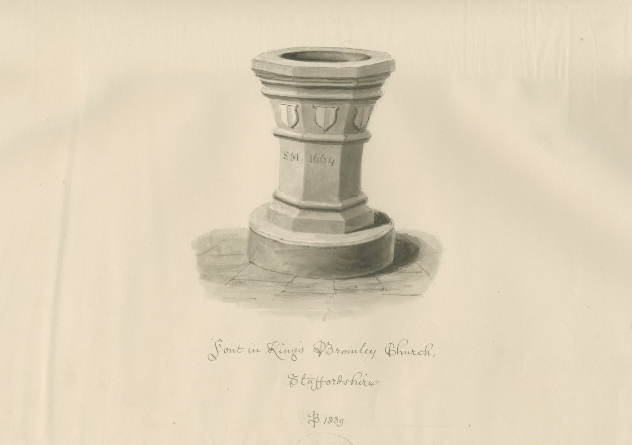 Fonte nella Chiesa di Kings Bromley: disegno a seppia, 1839 da John Buckler