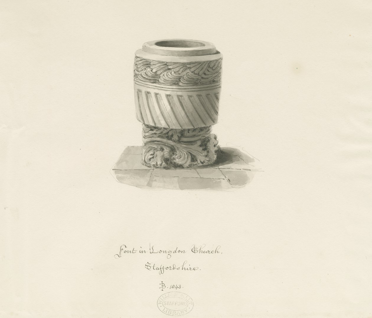 Fonte battesimale nella chiesa di Longdon: disegno a seppia da John Buckler