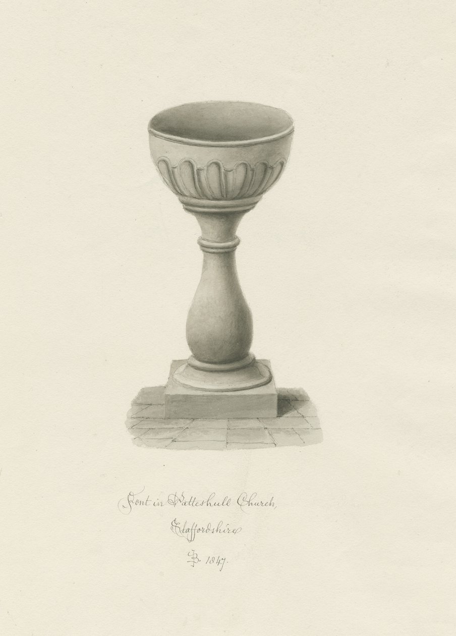 Fonte battesimale nella Chiesa di Patshull: disegno a seppia da John Buckler