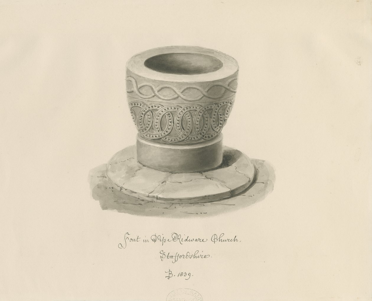Fonte battesimale nella chiesa di Pipe Ridware: disegno a seppia da John Buckler