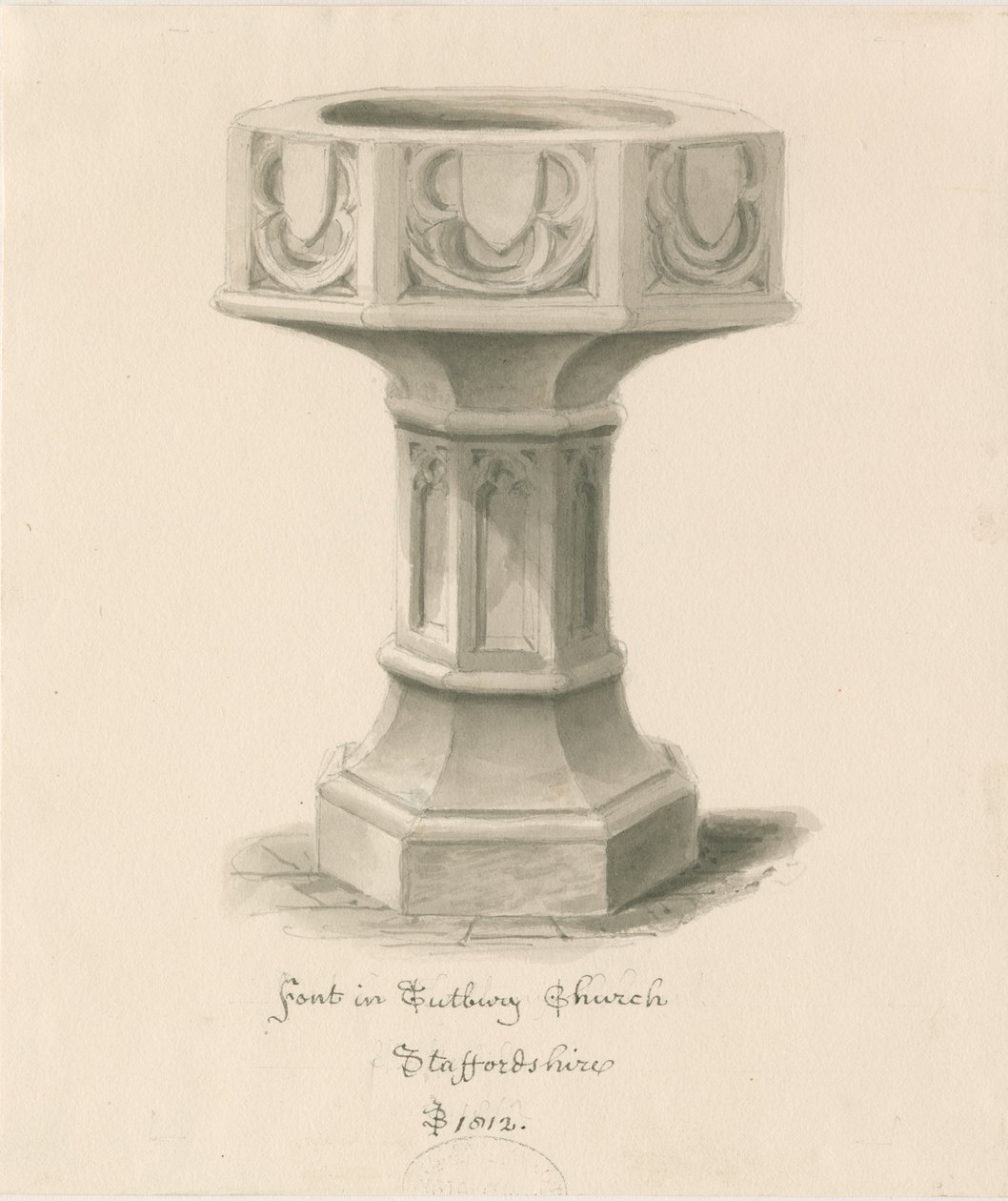 Fonte battesimale nella Chiesa di Tutbury Priory: disegno a seppia da John Buckler