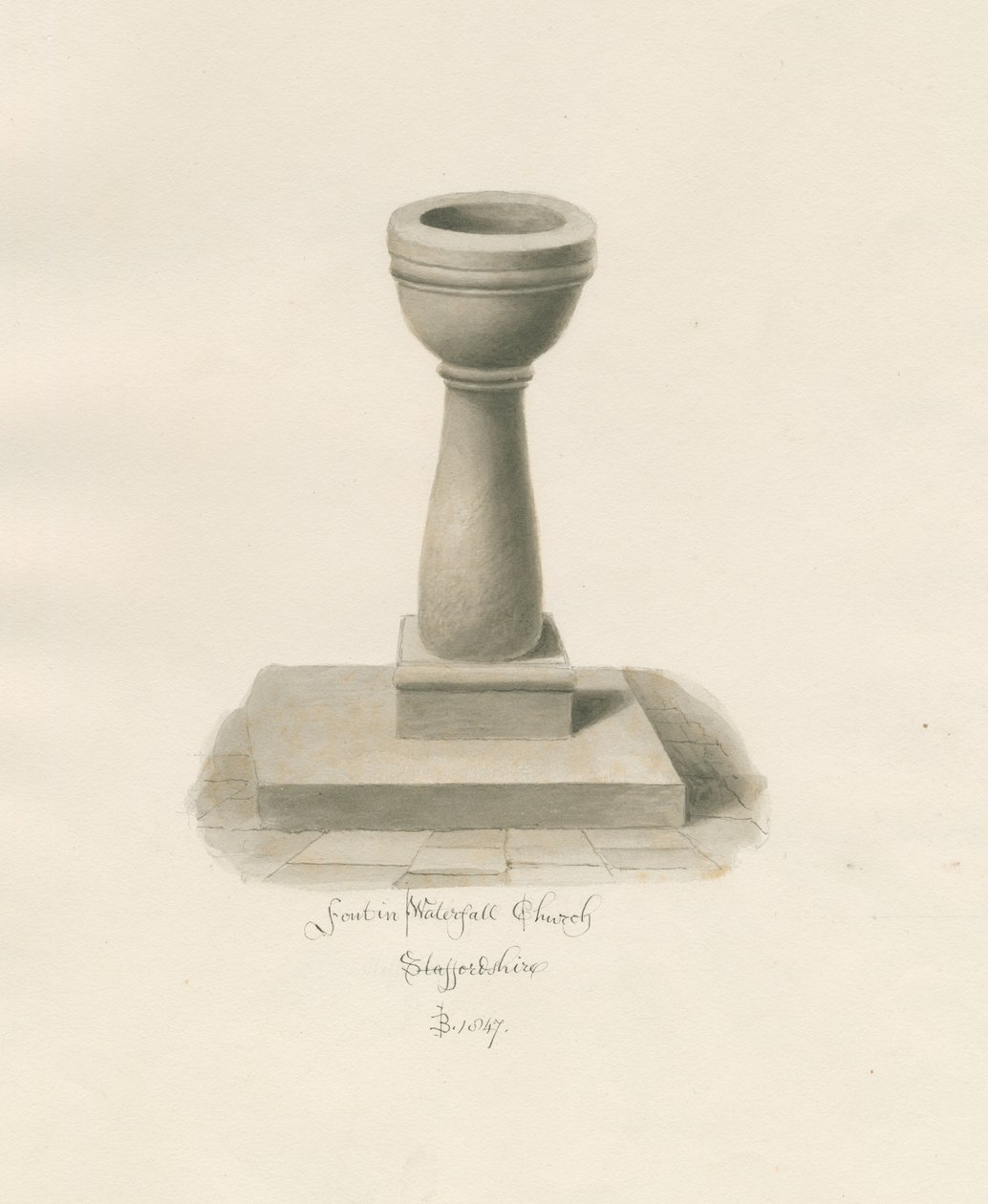 Fonte battesimale nella chiesa di Waterfall: disegno a seppia da John Buckler