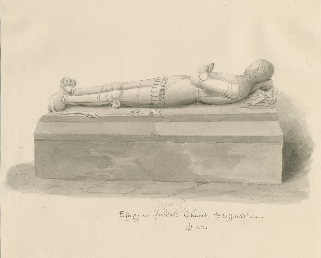 Chiesa di Gnosall - Effigie: disegno a seppia da John Buckler