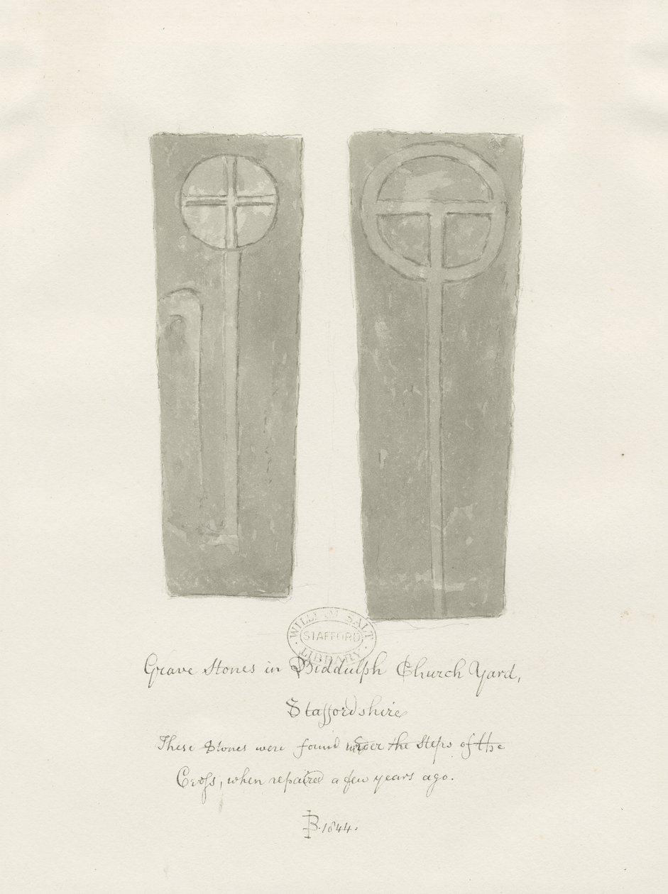Pietre tombali nel cimitero della Chiesa di Biddulph: disegno a seppia da John Buckler
