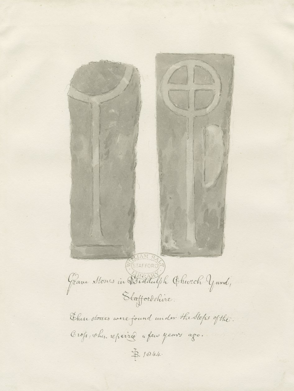 Pietre tombali nel cimitero della Chiesa di Biddulph: disegno a seppia da John Buckler