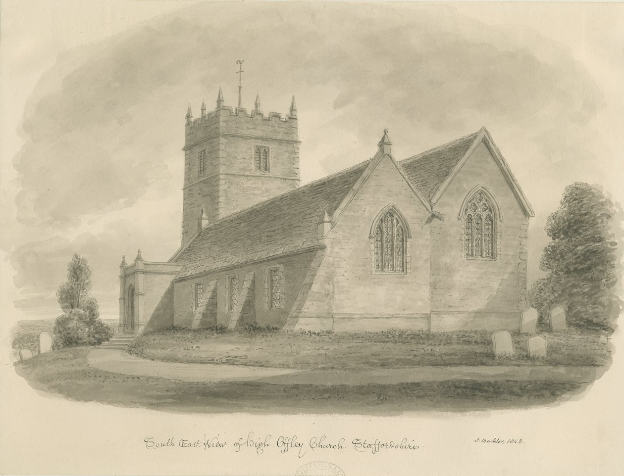 Chiesa di High Offley: disegno a seppia da John Buckler